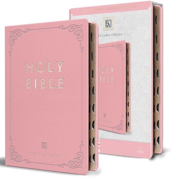 KJV Holy Bible, Giant Print Thinline Large format, Pink Premium Imitation Leather with Ribbon Marker, Red Letter, and Thumb Index by ORIGIN