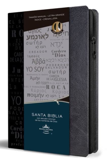 Biblia RVR 1960 Nombres de Dios letra grande tamaño manual con índice y cremallera color negro / Spanish Bible RVR60 Handy Size Black Names of God Index Zippe by Reina Valera Revisada 1960