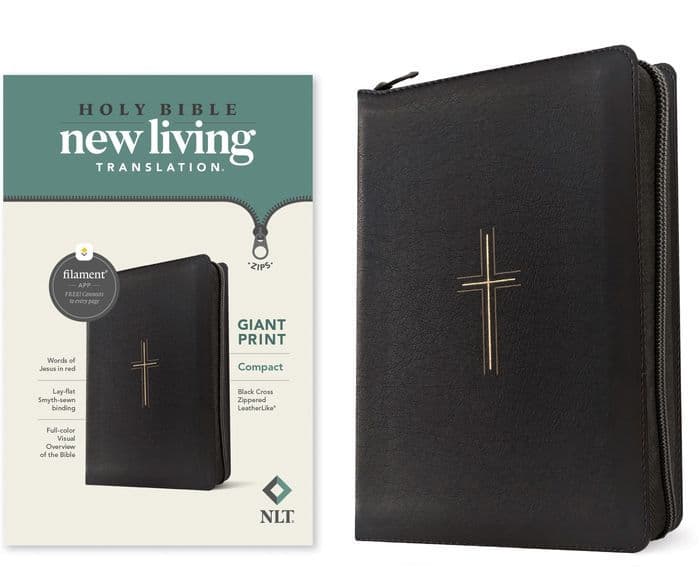 NLT Compact Giant Print Zipper Bible, Filament Enabled (LeatherLike, Black Cross, Red Letter) by Tyndale