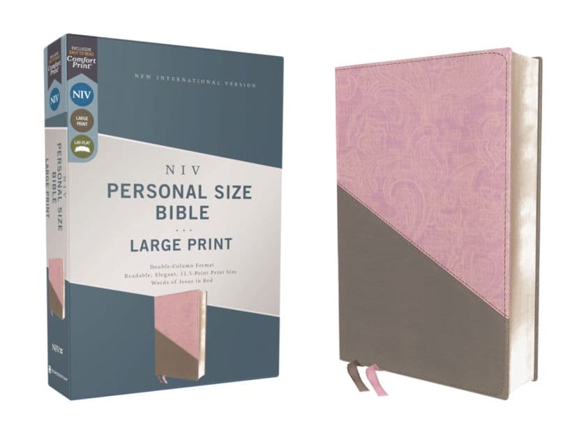 NIV, Personal Size Bible, Large Print, Leathersoft, Pink/Gray, Red Letter, Comfort Print by Zondervan