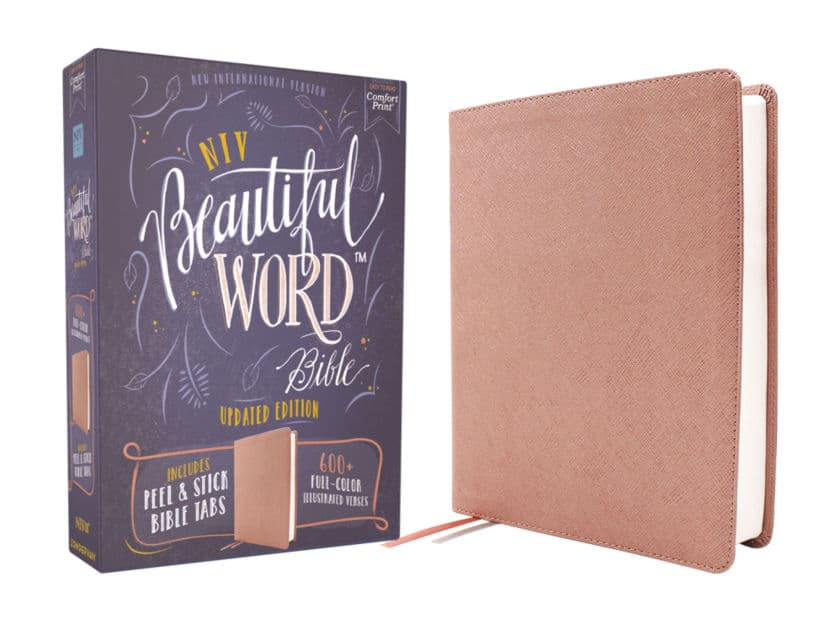 NIV, Beautiful Word Bible, Updated Edition, Peel/Stick Bible Tabs, Leathersoft, Pink, Red Letter, Comfort Print: 600+ Full-Color Illustrated Verses by Zondervan