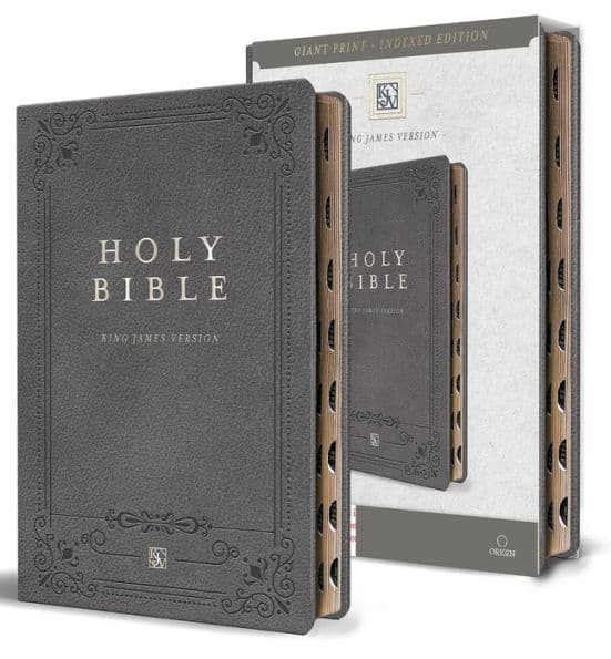 KJV Holy Bible, Giant Print Thinline Large format, Gray Premium Imitation Leather with Ribbon Marker, Red Letter, and Thumb Index by ORIGIN