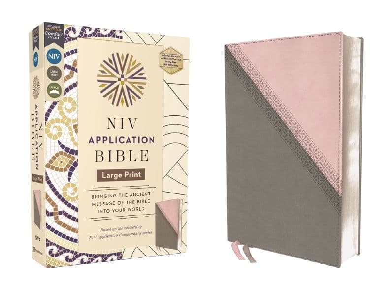 NIV Application Bible, Large Print, Leathersoft, Pink/Gray, Red Letter, Comfort Print: Bringing the Ancient Message of the Bible into Your World by Zondervan