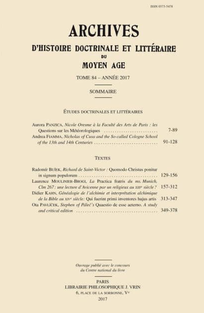 Archives d'Histoire litteraire et doctrinale du Moyen Age LXXXIV - 2017 by Radomir Buzek