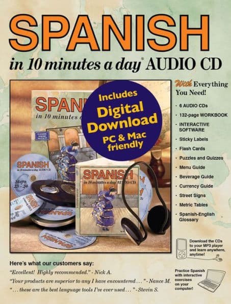 SPANISH in 10 minutes a day BOOK + AUDIO: Foreign Language course for beginning and advanced study. Includes 10 minutes a day Workbook, AUDIO CDs, Software, Flash Cards, Sticky Labels, Menu Guide, Phrase Guide. Grammar. Bilingual Books, Inc. (Publisher) by Kristine K. Kershul
