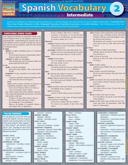 Spanish Vocabulary 2:Intermediate: QuickStudy Laminated Reference Guide by BarCharts Publishing