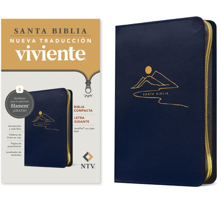 Biblia compacta NTV, letra gigante de zíper con Filament (SentiPiel, Azul, Letra Roja)