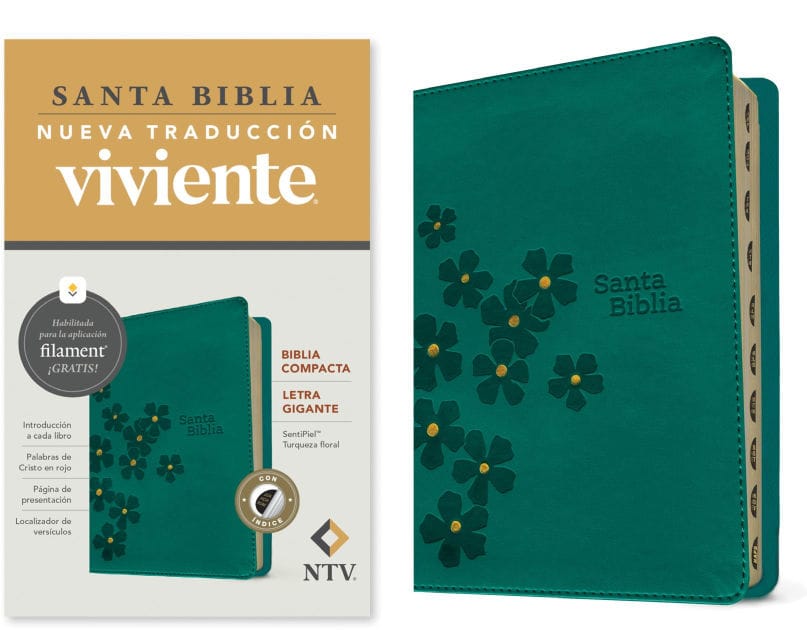 Biblia compacta NTV, letra gigante con Filament (SentiPiel, Turquesa floral, Índice, Letra Roja)