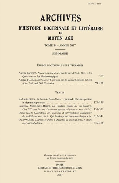 Archives d'Histoire litteraire et doctrinale du Moyen Age LXXXIV - 2017