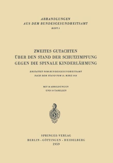 Zweites Gutachten ï¿½ber den Stand der Schutzimpfung gegen die Spinale Kinderlï¿½hmung: Erstattet vom Bundesgesundheitsamt nach dem Stand vom 31. Mï¿½rz 1958